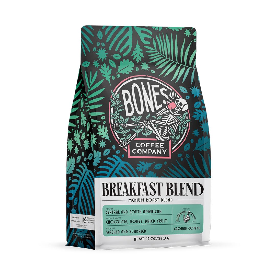 Bones Coffee Company High Voltage, Highly Caffeinated Unflavored Coffee, Medium Roast Low Acid Arabica Beans Compatible with Auto drip and French Press Coffee Maker, 12 Oz Whole Bean