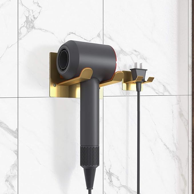 Adhesive Hair Dryer Holder - Stick on Wall or Wall Mount Bathroom Hair Blow Dryer Rack Organizer Compatible with Supersonic Hair Dryers (Gold)