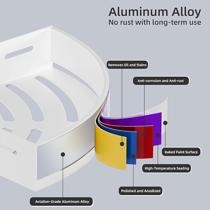 Aluminium Shower Corner Shelves - Rustproof Shower Caddy No Drilling Installation Shampoo Holder, White Shelves for Wall for Bathroom Storage,Holds 20LB