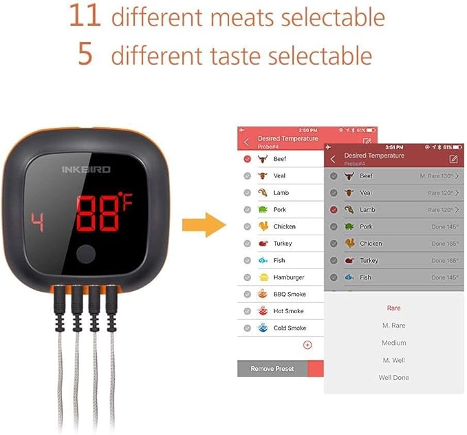 INKBIRD Bluetooth Digital Wireless Food Meat Thermometer IBT-4XS, 4 Probes