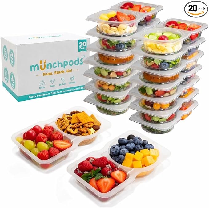 Reusable Snack Containers with Lids 20Pcs, Portion control containers, Snack Pack Containers,2 Double Compartment Snack Containers for Kids On the Go Meals, Camping Condiment Snack Tray Prep
