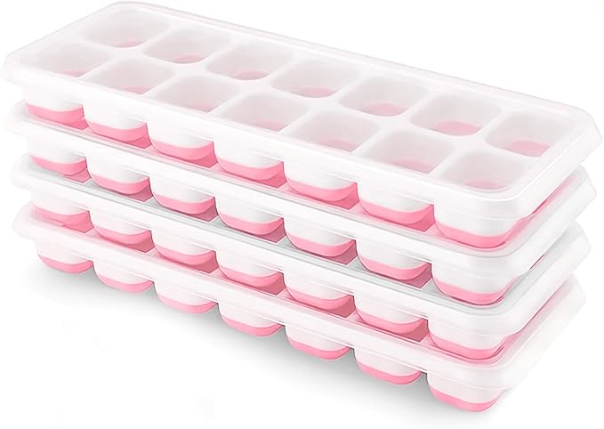 Ice Cube Trays 4 Pack, Airabc Silicone with Removable Lid, Easy-Release Flexible 14-cube Trays, LFGB Certified and BPA Free, Stackable Covers for Cocktail, Freezer