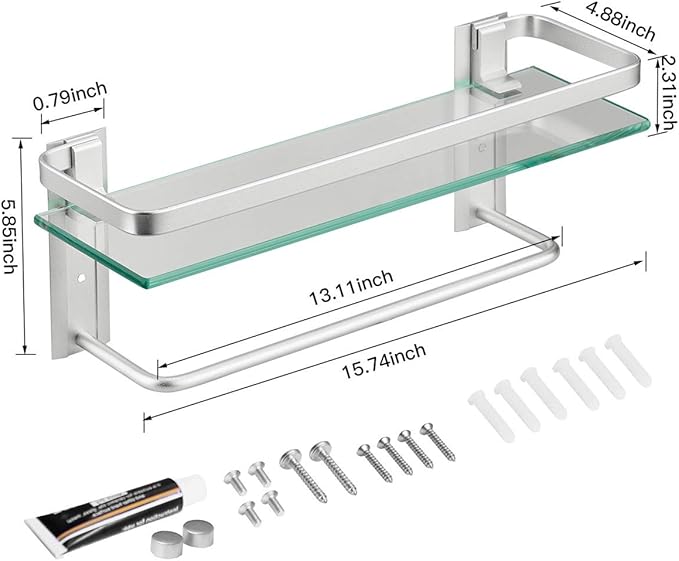 VOLPONE Glass Shelf with Towel Bar 15.7in Silver Bathroom Shelf Wall Mount Rustproof Bathroom Wall Organizer 1 Tier (Silver)