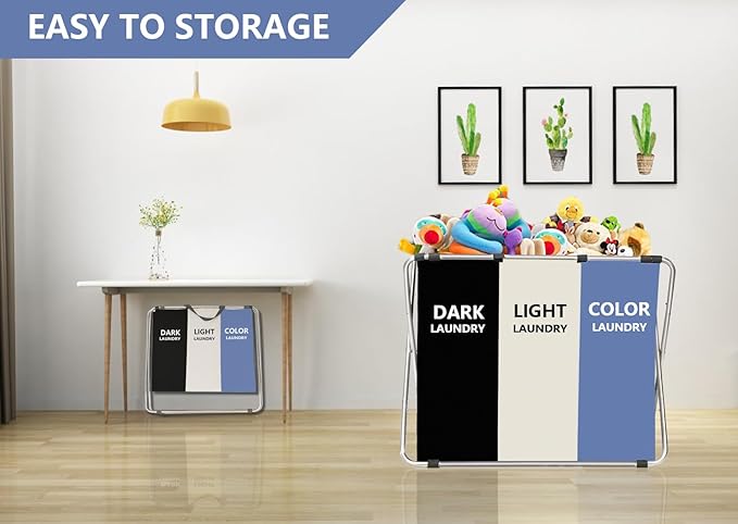 1-Pack Large Laundry Basket, Waterproof, Freestanding Laundry Hamper, Collapsible Tall Clothes Hamper with Handles for Clothes Toys in the Dorm & Family Closet Storage and Organizer (Blue)