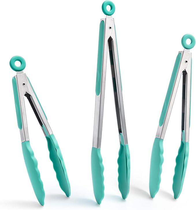 Doosu Kitchen Tongs with Silicone Tips for Cooking Serving (16in, Aqua Sky)