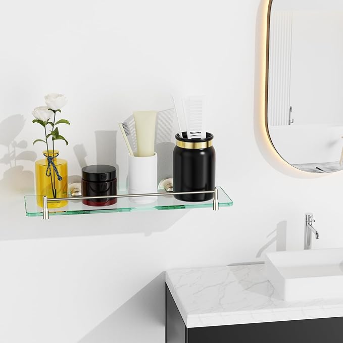 Glass Bathroom Shelves,Brushed Nickel Floating Shelves for Wall Rectangular Modern Stainless Steel Glass Shelf for Bathroom Shelves Wall Mounted 16 Inch