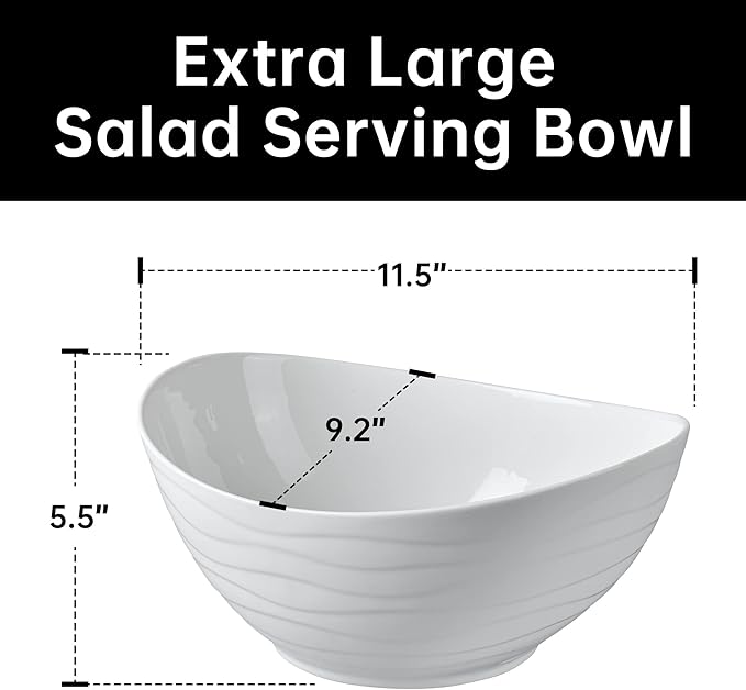 KITEISCAT Extra Large Elegant Ceramic Oval Salad Bowl Set with Premium Acacia Wood Salad Serving Utensils - Large Capacity, Stylish and Practical, Kitchen Must-Have