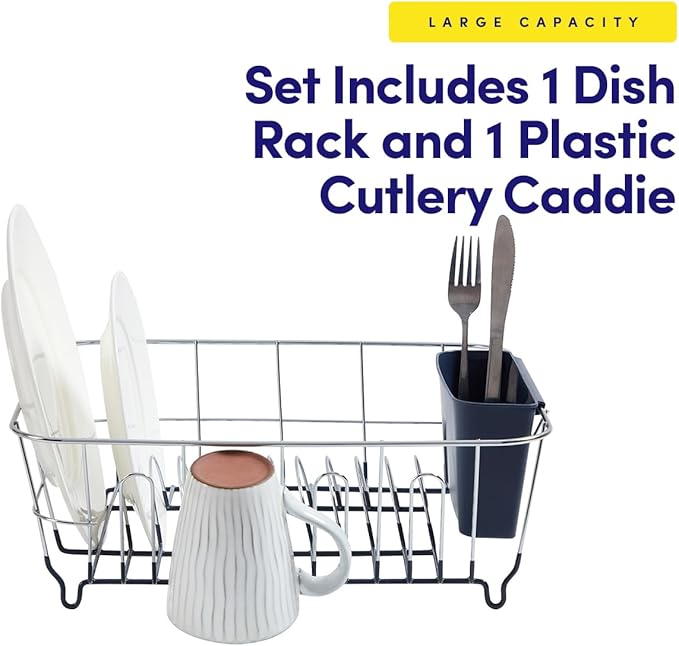 Dish Drying Rack & Cutlery Holder 2 Piece Set - Compact Sink-Fitting Dish Drainer with Rubberized Undercoating, Space-Saving Kitchen Organizer for Plates, Cups, Bowls & Utensils in Sink, Navy Blue