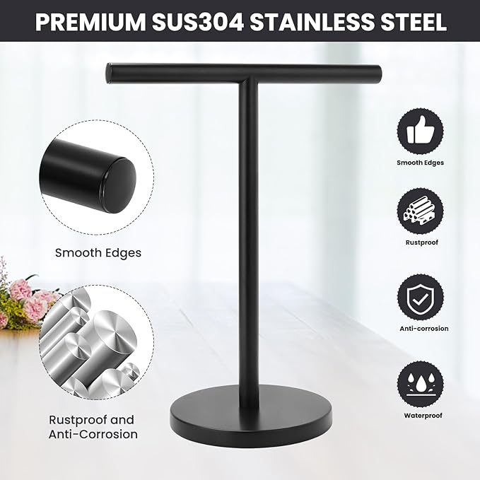 T-Shape Bath Hand Towel Holder Stand, Stainless Steel Free Standing Hand Towel Rack with Heavy Base, for Bathroom Kitchen & Countertop, Matte Black, 2 Pack