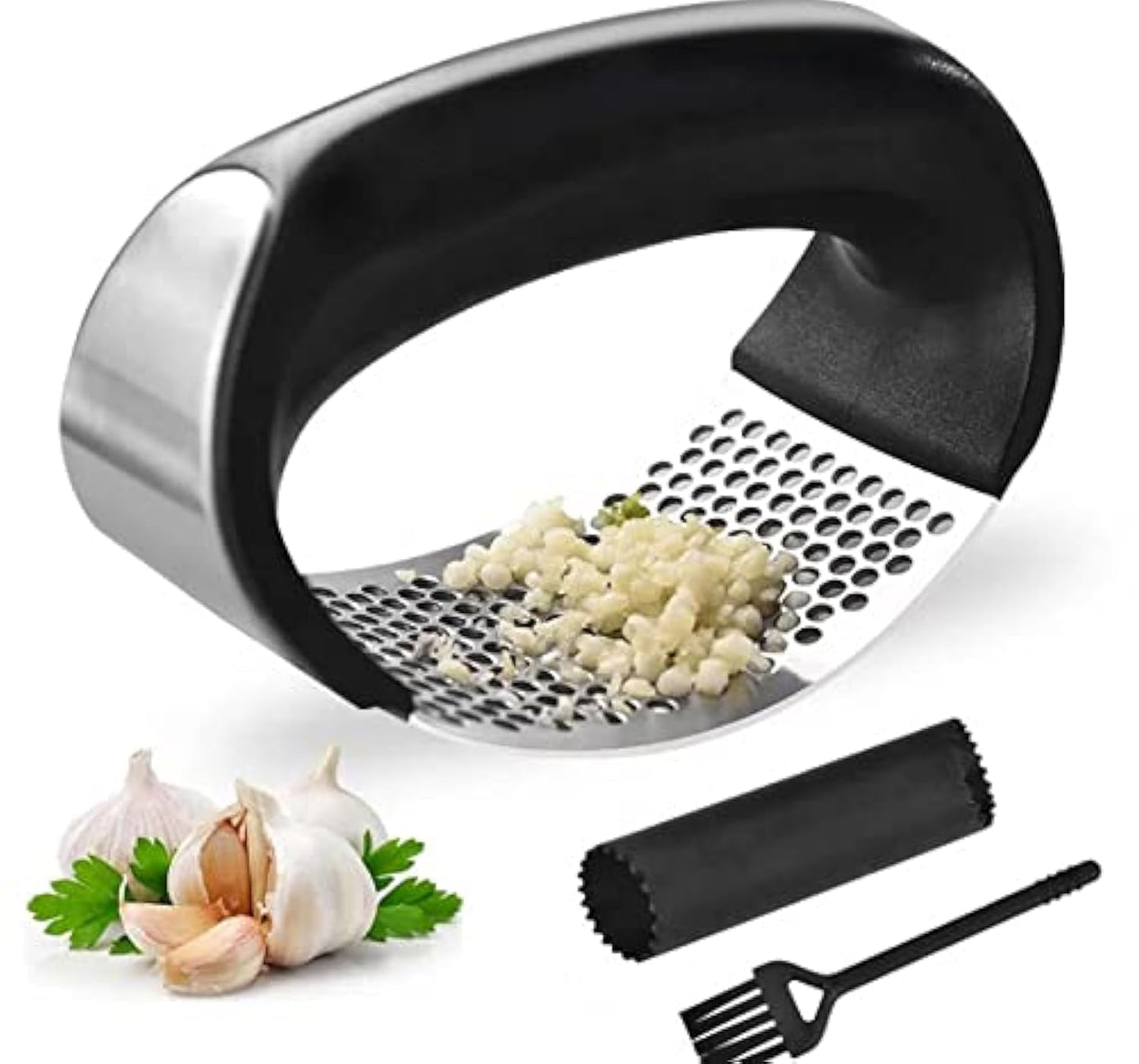 Angel's Peel Lounge Stainless Steel Garlic Press Rocker Set with Silicone Garlic Peeler & Cleaning Brush – Garlic Chopper, Mincer, Grater, Crusher – Easy for Crushed Cloves – Rust-Resistant, Green