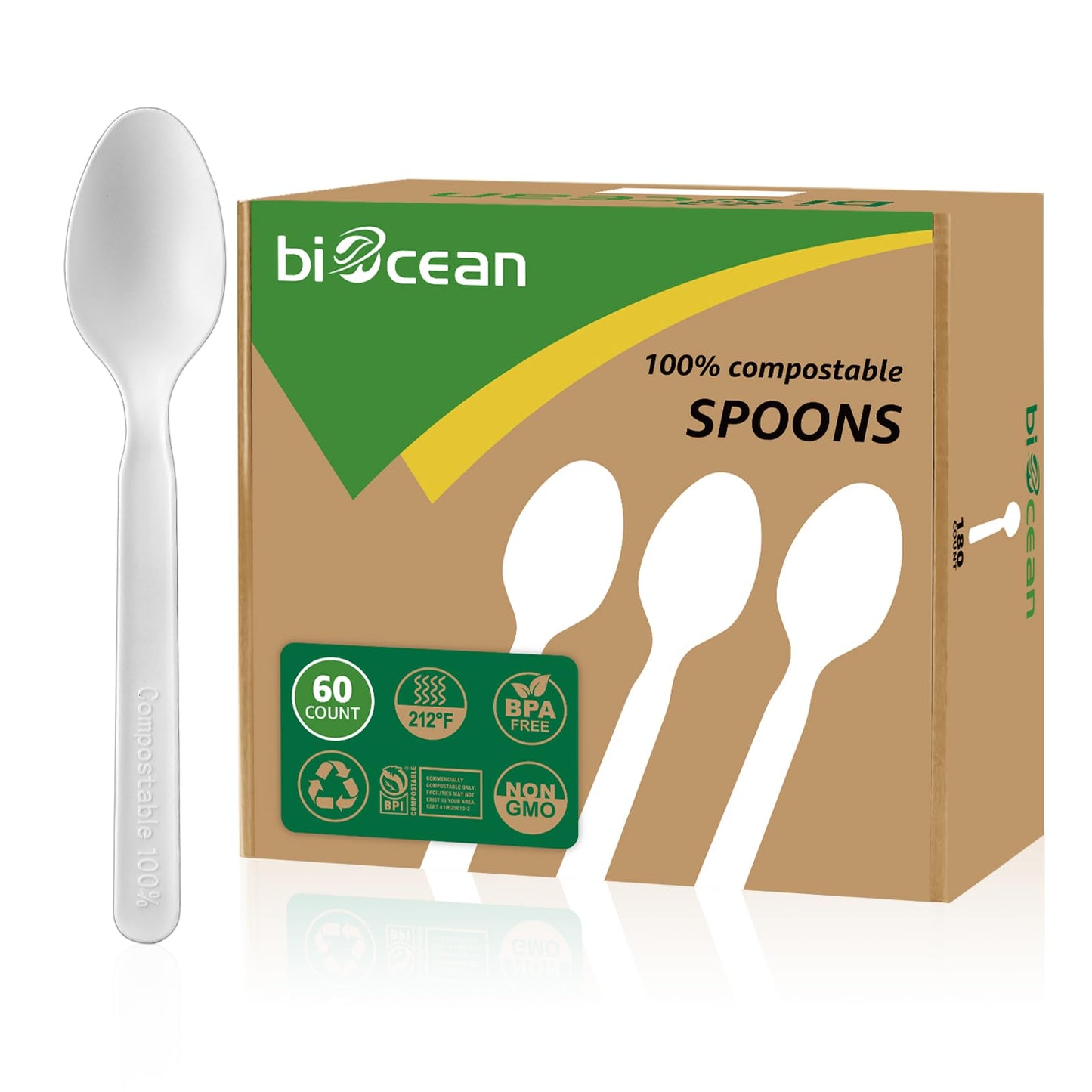 Biocean 100% Compostable Forks 60 Count Disposable Forks Heavy Duty Utensils Set Fork Silverware Eco Friendly Flatware Plastic Free for Party Camping Picnics Wedding-Ivory White