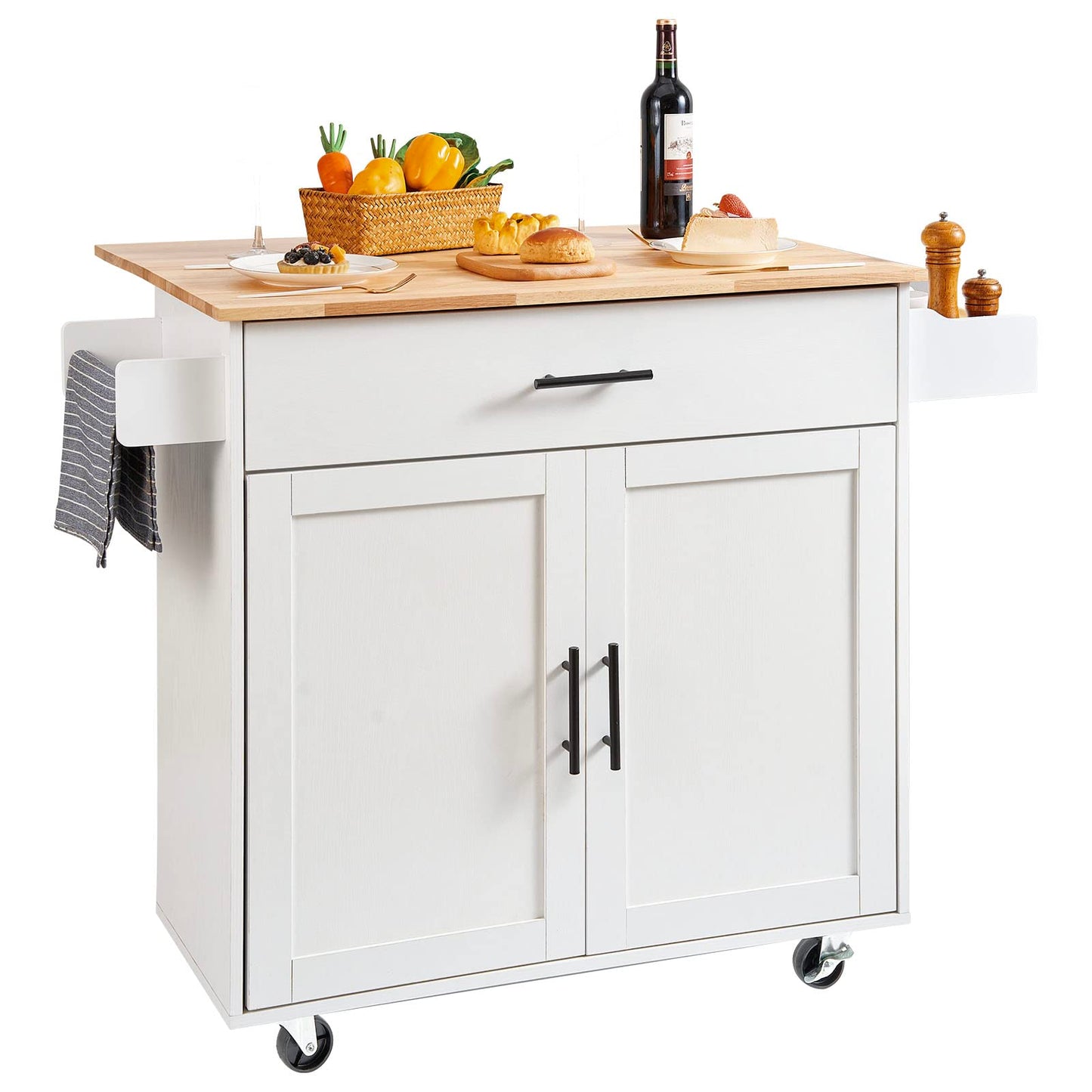 VEVOR Kitchen Island Cart with Single Door Cabinet, Mobile Carts with Drawer, Towel Rack, Hooks, Portable Table on Swivel Wheels, Small Coffee Islands Microwave Stand for Dining Room, 18x23 in, White