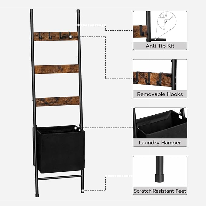 HOOBRO Blanket Ladder with Basket, 17.3”L x 63.4”H, Towel Rack with Hooks, Blanket Holder Rack, Decorative Ladder Shelf, Drying and Display Rack for Bathroom, Living Room, Rustic Brown BF31CJ01