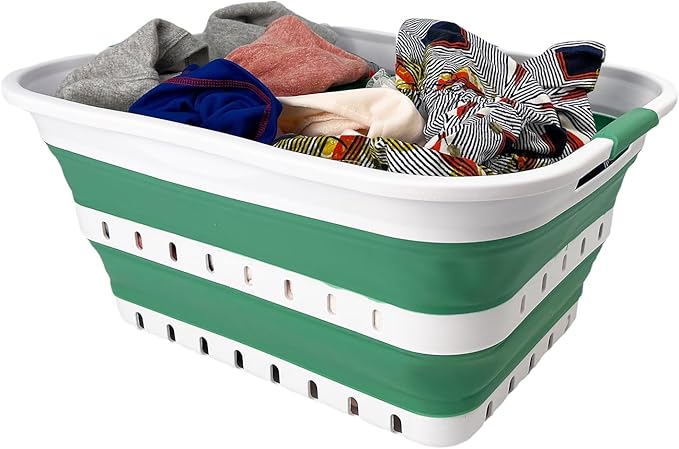 SAMMART 42L (11 gallon) Collapsible Plastic Laundry Basket - Foldable Pop Up Storage Container/Organizer - Space Saving Hamper/Basket (1, White/Winter Green)