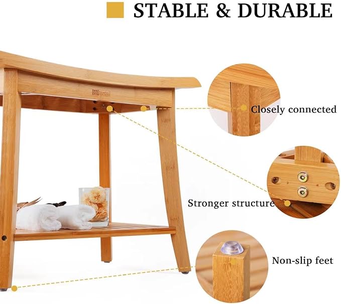 Bamboo Shower Bench Inside Shower Stool with Storage Shelf, Spa Bath Chair for Bathroom, Seat or Organizer for Living Room, Bedroom and Garden - Great for All Ages Unisex Elderly (Large, Natural)