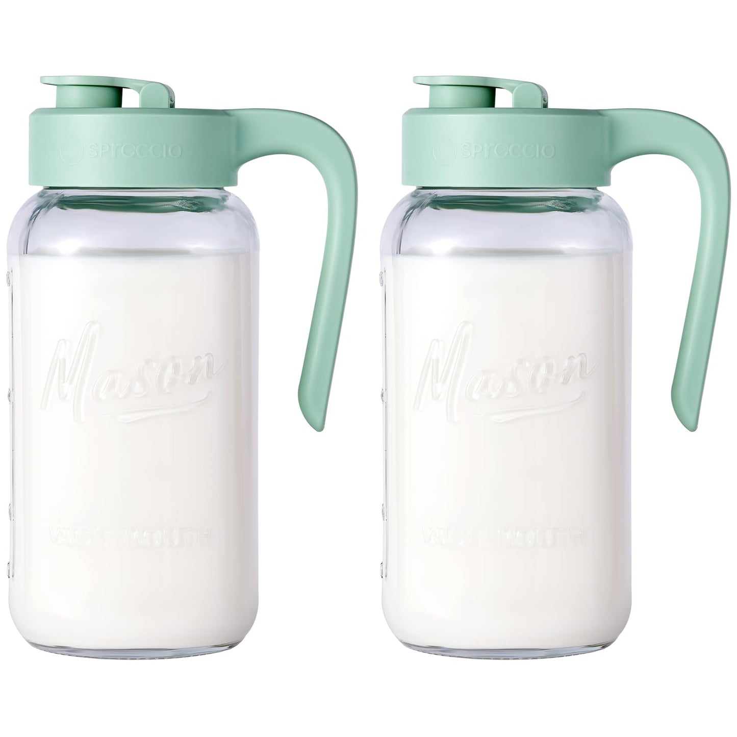 Spreccio Mason Jar Pitcher, 2 pcs 64 oz (2 quart), Glass Pitcher with Lid