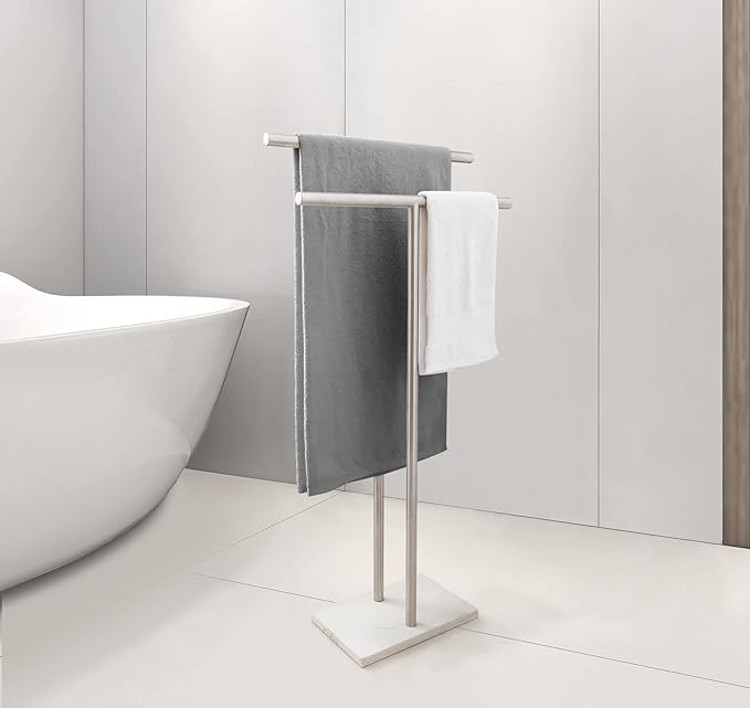 40 Inch Standing Towel Rack Double-T Shape Tall Bath Towel Sheet Holder with Marble Design Base for Bathroom Floor Next to Tub or Shower 2 Tier Towel Holder Stand Stainless Steel Brushed Nickel