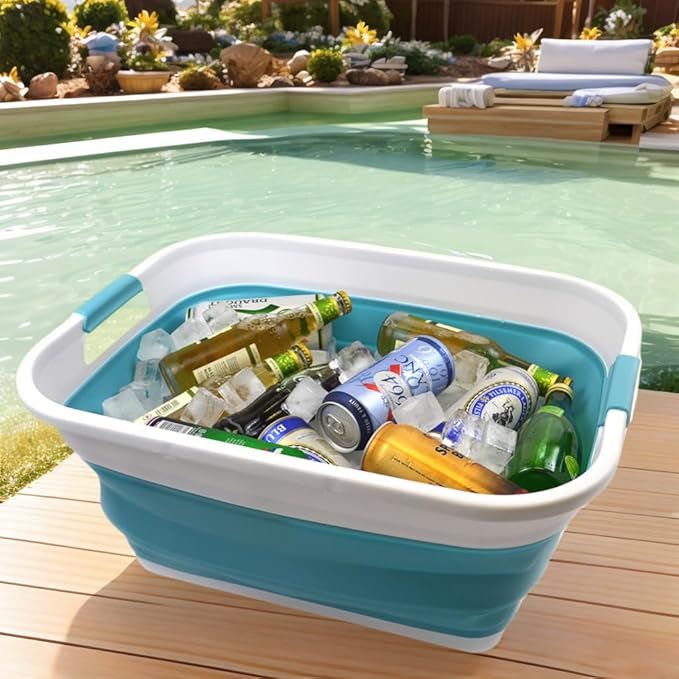 SAMMART 41L (10.8 gallon) Collapsible Plastic Laundry Basket-Foldable Pop Up Storage Container/Organizer-Portable Washing Tub-Space Saving, Water capacity: 32L (8.4 gallon) (Rectangular, Bright Blue)