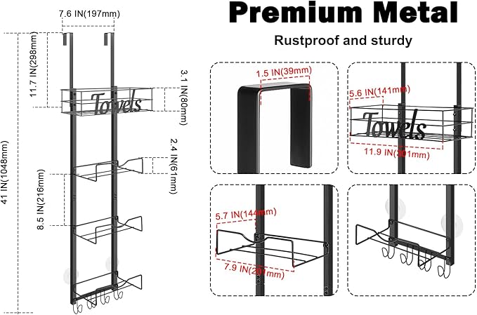 HarJue Over The Door Towel Racks, No Drill Towel Storage with Basket & Hooks, Space-Saving Multi-Functional Towel Holder for Bathrooms, bedrooms, Apartments, RVs (Matte Black)
