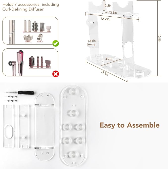 Upgraded Storage Holder for Shark FlexStyle– 7-Hole Acrylic Stand Organizer for Long Barrels & Diffuser, Countertop Holder for Shark Flex Style Accessories for Bathroom Vanity Makeup Table