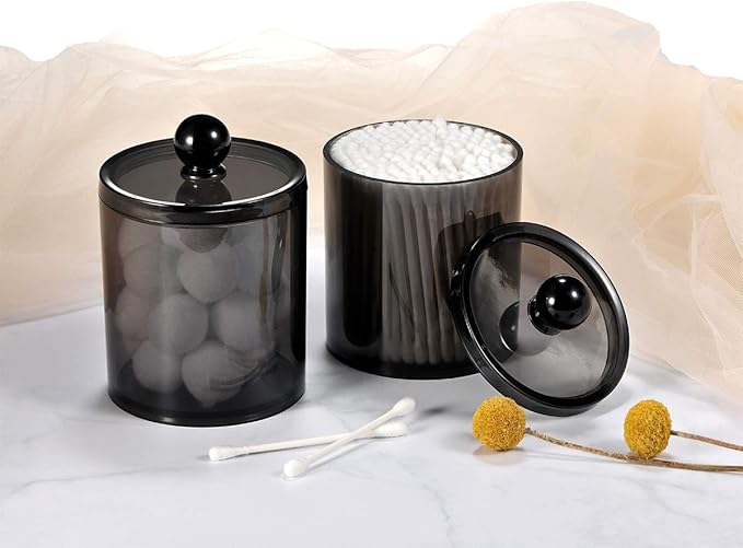 SheeChung 2-Pack Qtip Holder,Clear Black Acrylic Apothecary Jar,Bathroom Jars with Lids - Shatterproof Qtip Holder Dispenser for Bathroom Vanity - 10oz Small Cotton Ball & Swab Storage Canisters