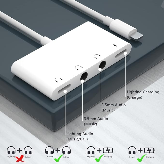 4 in 1 Headphone Splitter, iPhone Headphone Adapter + Dual 3.5mm Headphone Jack