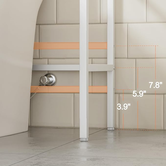 4-Tier Over The Toilet Storage, Bathroom Organizer, Space-Saving, Above Toilet Storage Rack with 4 Hooks and Paper Holder, Metal Shelf, White