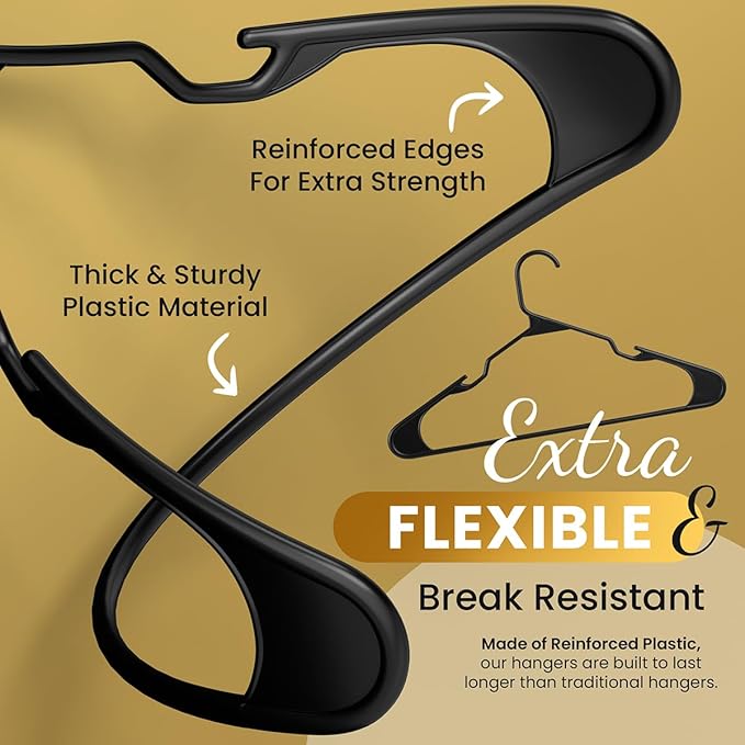 200 Pack Plastic Hanger for Shirt Pants Coats Dresses Skirts Suits Jackets - Standard Thick Coat Hanger - Sturdy & Durable Design with Shoulder Grooves Hook - Black