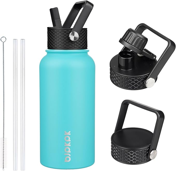 BJPKPK Insulated Water Bottles with Straw Lid, 27oz Stainless Steel Water Bottle with 3 Lids, Leak Proof BPA Free Metal Thermo, Mugs, Tumblers, Keep Cold Hot - Turquoise