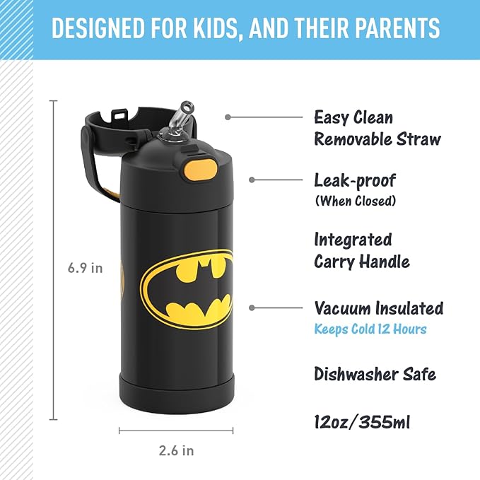 THERMOS FUNTAINER Water Bottle with Straw - 12 Ounce - Kids Stainless Steel Vacuum Insulated Water Bottle with Lid, Batman