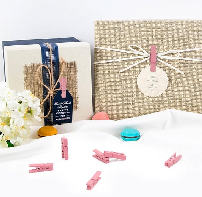 1.35 Inch Mini Clothes Pins for Photo100 Pcs with 32 Feet Jute Twine, Mini Clothes Pins for Crafts, Wooden Small Clothespins for Pictures, Tiny Decorative Clothespins for Baby Shower (Pink)