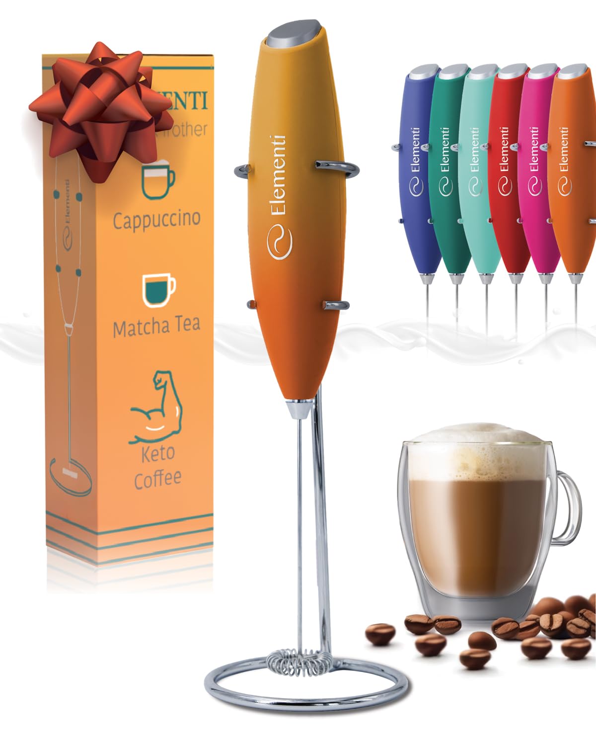 Elementi Portable Milk Frother & Stand – Compact Mixer for Powdered Drinks and Coffee, Electric Whisk Hand Blender, Specialty Kitchen Appliance (Pumpkin Orange)