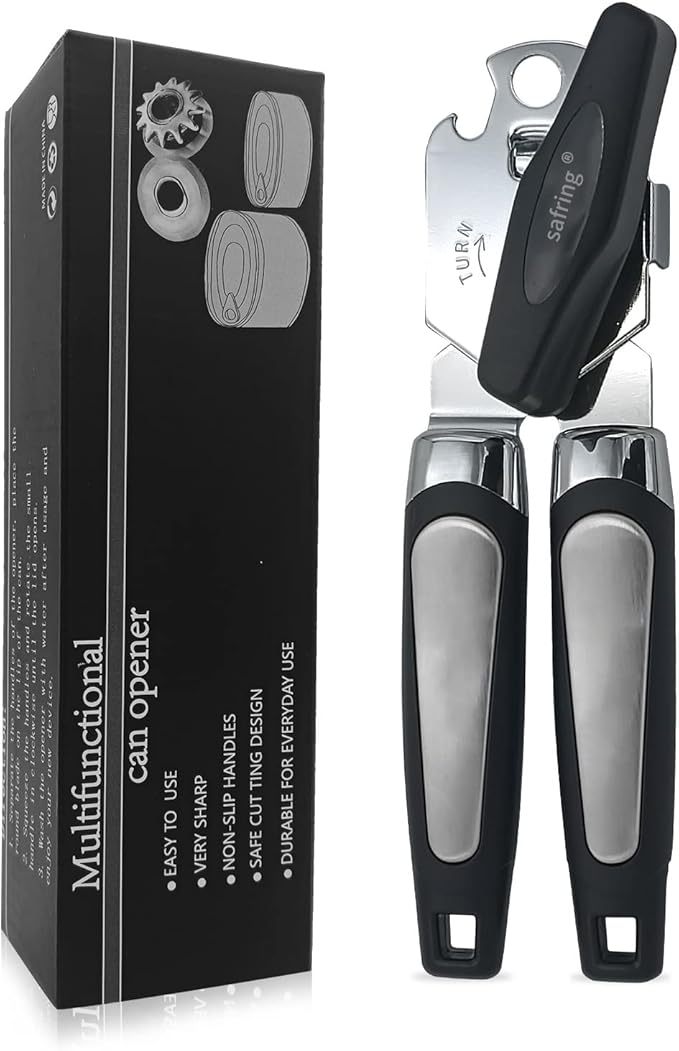 Safring Can Opener Manual, Handheld Strong Heavy Duty Stainless Steel Can Opener, Comfortable Handle, Sharp Blade Smooth Edge, Can Openers with Multifunctional Bottle Opener, Aqua Sky