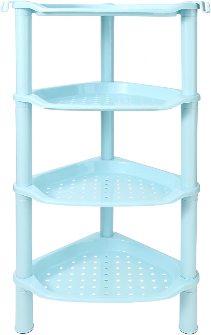 4 Tier Corner Shower Caddy, Rustproof, Plastic Shower Organizer for Bathroom, Bathtub, Shower pan, Bath Accessories Shower Caddies, 13.5 x 10 x 33.5 Inches, Blue (Round Slot Blue 4 Tier)