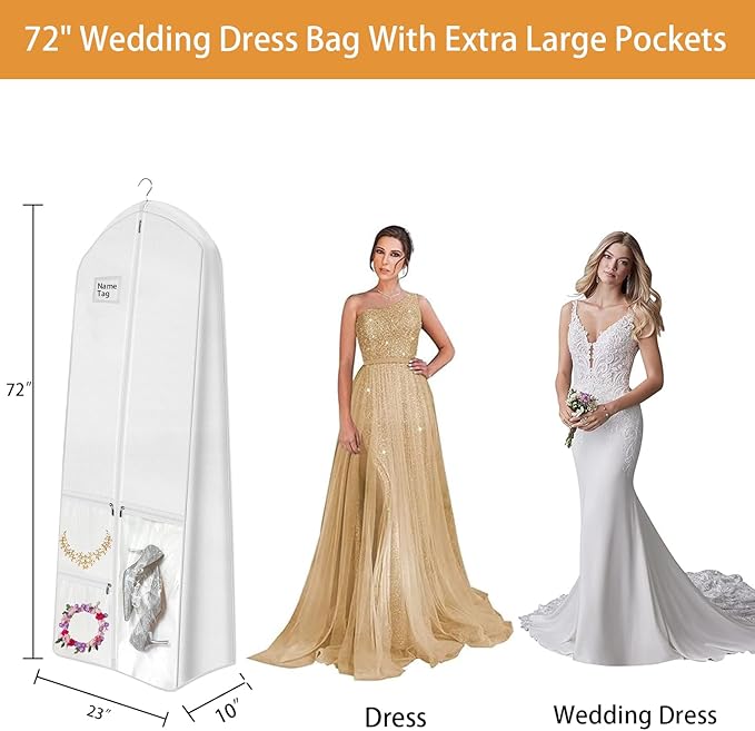 72" Wedding Dress Garment Bag with 10'' Gusseted Dress Bags for Gowns Long 4 Pockets Dress Cover for Women, White