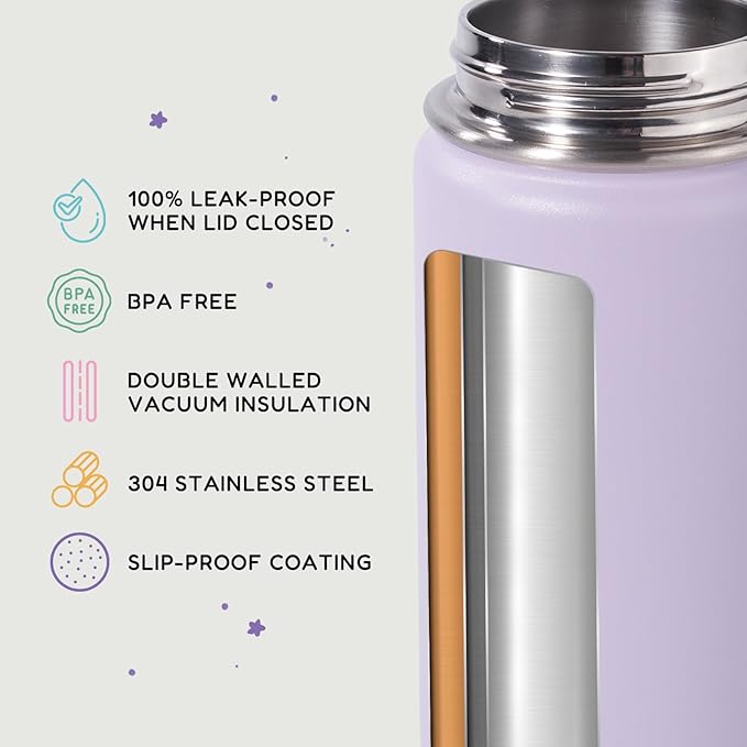 12oz Kids Water Bottle for School, Toddler Bottles with Straws, Stainless Steel Vacuum Insulated Water Bottle for Boys&Girls, Leak-Proof, BPA-Free, Purple