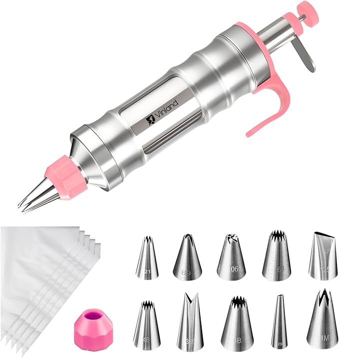 Dessert Decorating Syringe Set Icing Piping Kit Frosting Piping Kit Stainless Steels Cake Decorating Kit with 10 food grade stainless steel piping tips & 50 Disposable Piping Bags Yellow