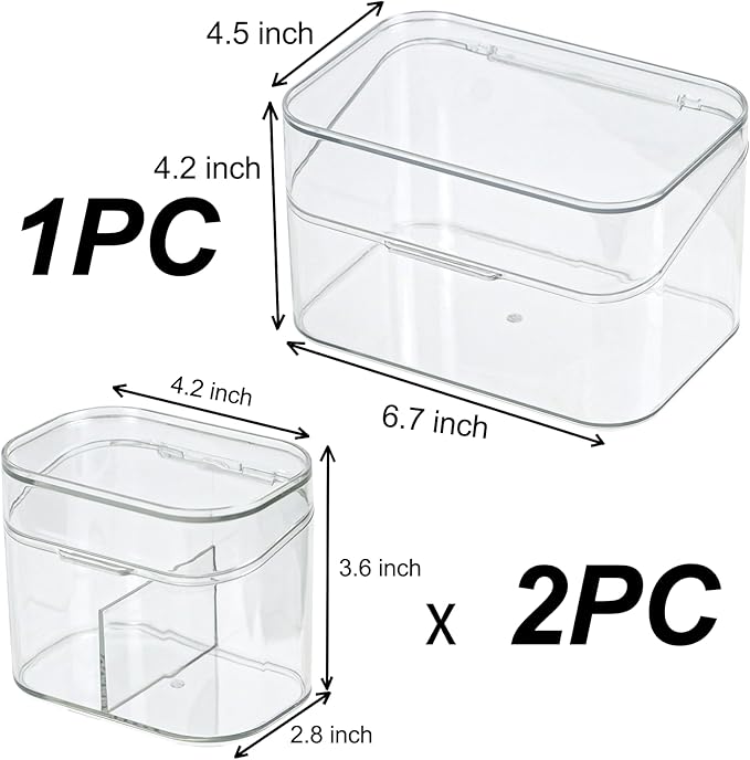 Clear Bathroom Organizer, 2-Size Essentials Set for Hail Accessories & Beauty Supplies,Cotton Swabs,Balls,Pads - Small Clear Plastic Canister Apothecary Jar Set, Vanity Makeup Storage Organizer (L+2S)
