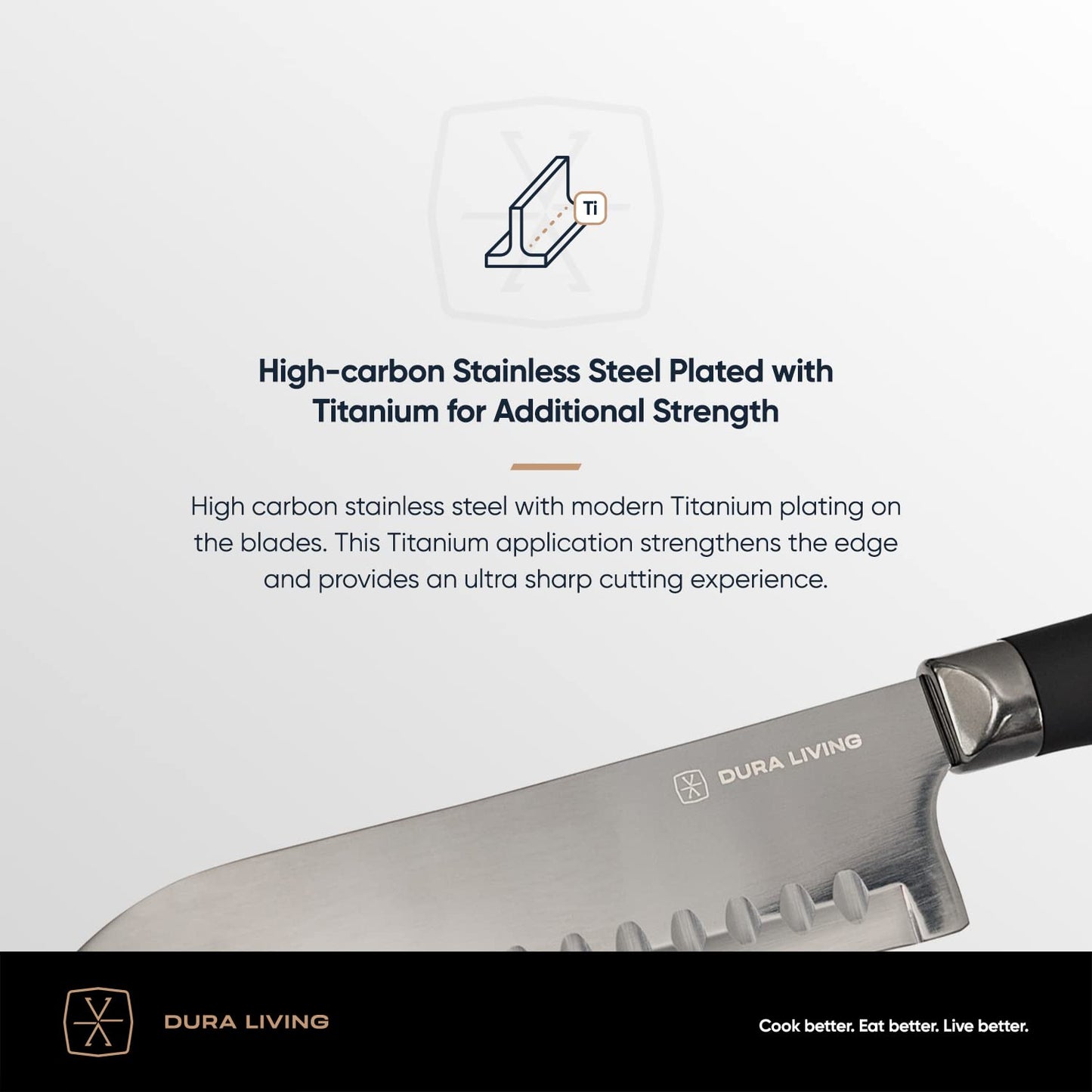 DURA LIVING Santoku Knife - 7 Inch Black Nonstick Titanium Plated Stainless Steel Ultra Sharp Blade, With Ergonomic Comfort Grip Handle Asian Chef's Knife, With Matching Sheath