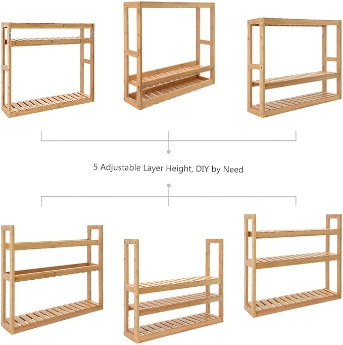 Domax Bamboo Bathroom Shelf 3-Tier Wall Mount Storage Rack Multifunctional Adjustable Layer Free Standing Over Toilet Utility Shelves Living Room Kitchen (Bamboo)