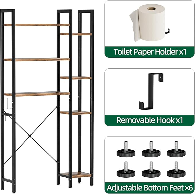 OTK Over The Toilet Storage with 7-Tier Bathroom Organizer Shelf, Freestanding Space Saver with Adjustable Feet & Hooks, Storage Rack for Bathroom, Restroom, Laundry, Rustic Brown