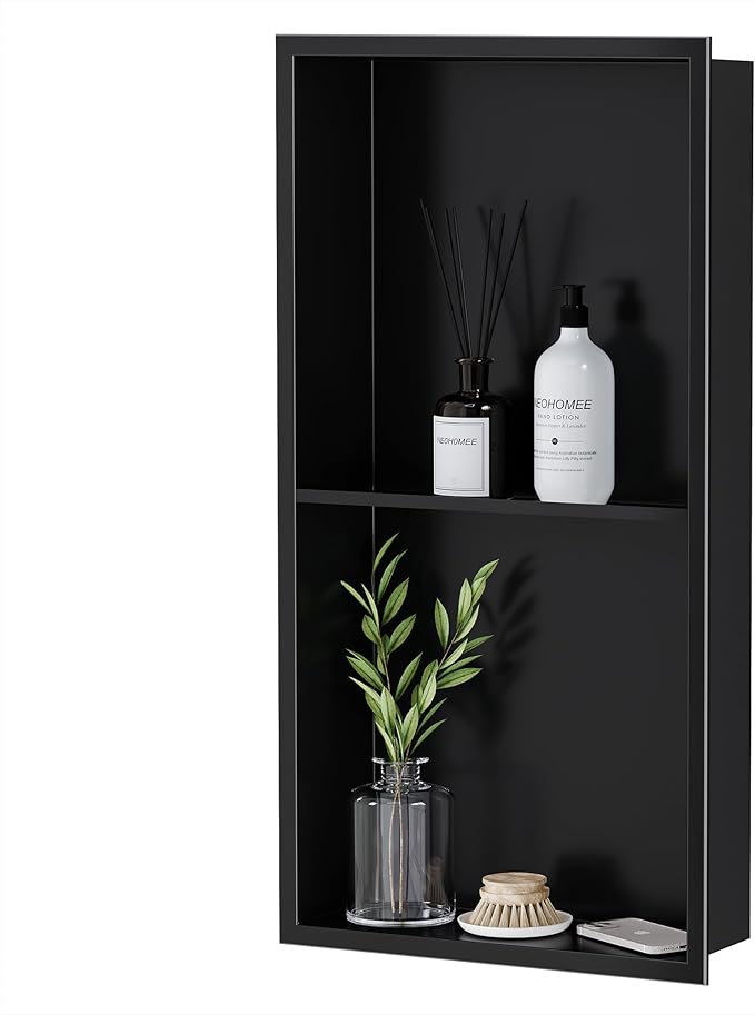 Neodrain No Tile Shower Niche Insert Tile Ready, Black Recessed Wall Niche for Shower Organizer(Inner Size 12"x24") - Stainless Steel Built-in Bathroom Shelf, No Tile Needed, Matte Black