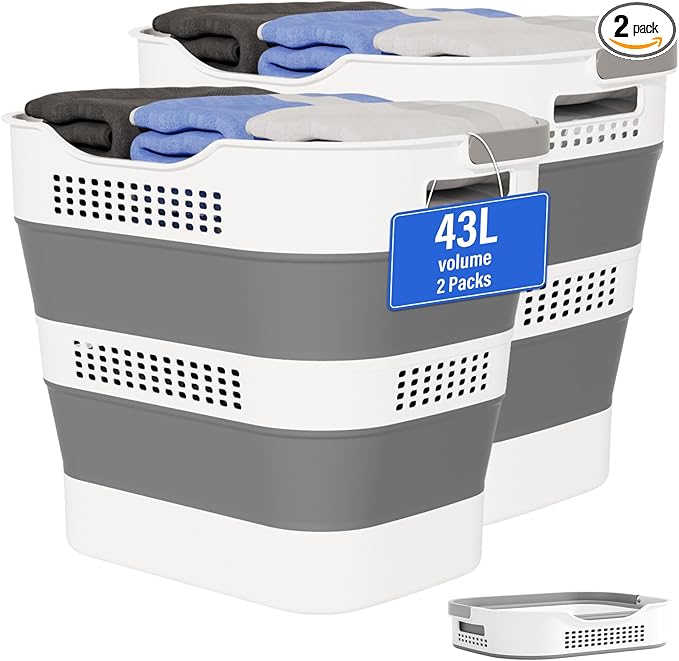43L+43L Collapsible Laundry Baskets plastic, Pop Up Laundry hamper/Storage Container, Foldable Laundry Basket with Handles, Durable,Space Saver (Grey, 2 Packs)