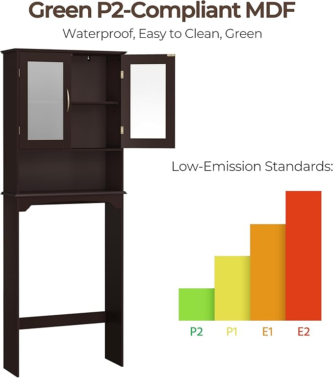 Yaheetech Over The Toilet Storage Cabinet, Free Standing Toilet Rack with Adjustable Shelves and Tempered Glass Doors for Bathroom Washroom, Espresso