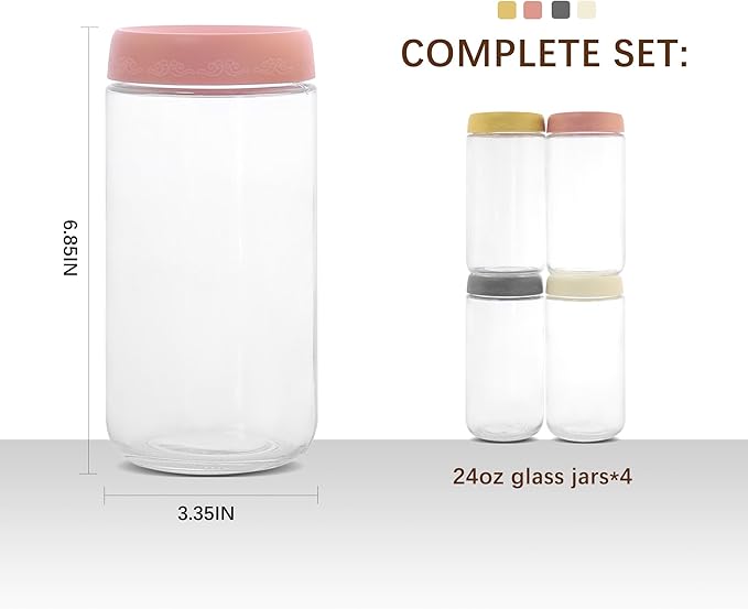 24 OZ Overnight Oats Jars with Lids 4 Pack, Glass Meal Prep Containers, Reusable Food Storage Jars, Airtight Mason Jars for Breakfast, Yogurt Parfait, Salad, Smoothies(4-2)