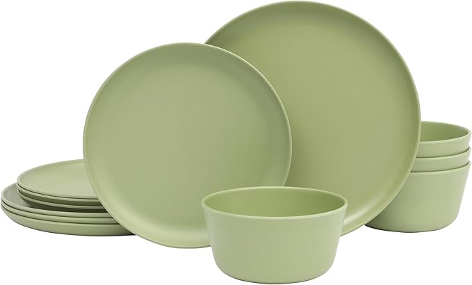 Gibson Home Casper Court 16-Piece Melamine Dinnerware Set – Green Reactive Glaze Look Plates and Bowls, Service for 4 – Top Rack Dishwasher Safe Everyday Dining Set
