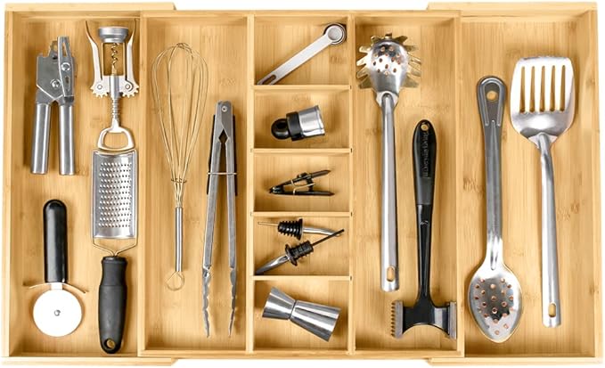 KitchenEdge Utensil & Junk Drawer Organizer, 19-33 in, White Bamboo