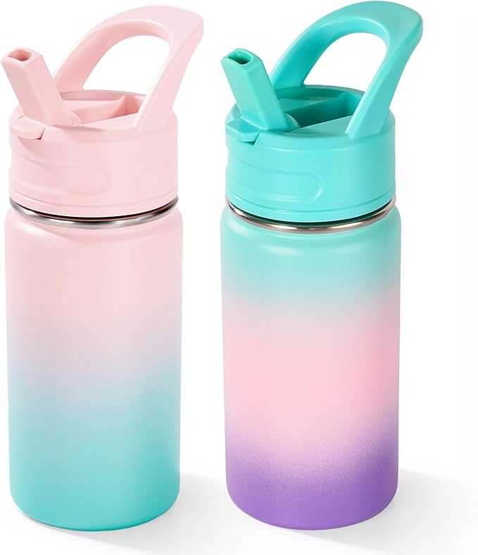 12oz Water Bottle for School, Water Bottles with Straws, Insulated Water Bottles, Stainless Steel Vacuum Insulated Bottle, Leak-Proof, BPA-Free, Aurora + Bubble Gum