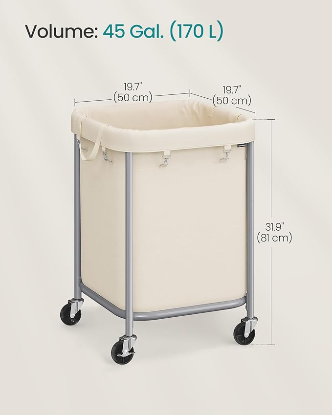 SONGMICS 45-Gallon (170 L) Laundry Basket with Wheels, Rolling Square Heavy-Duty Laundry Hamper Cart with Steel Frame and Removable Bag, 2 Locking Wheels, Cream White and Metallic Silver URLS015WD01