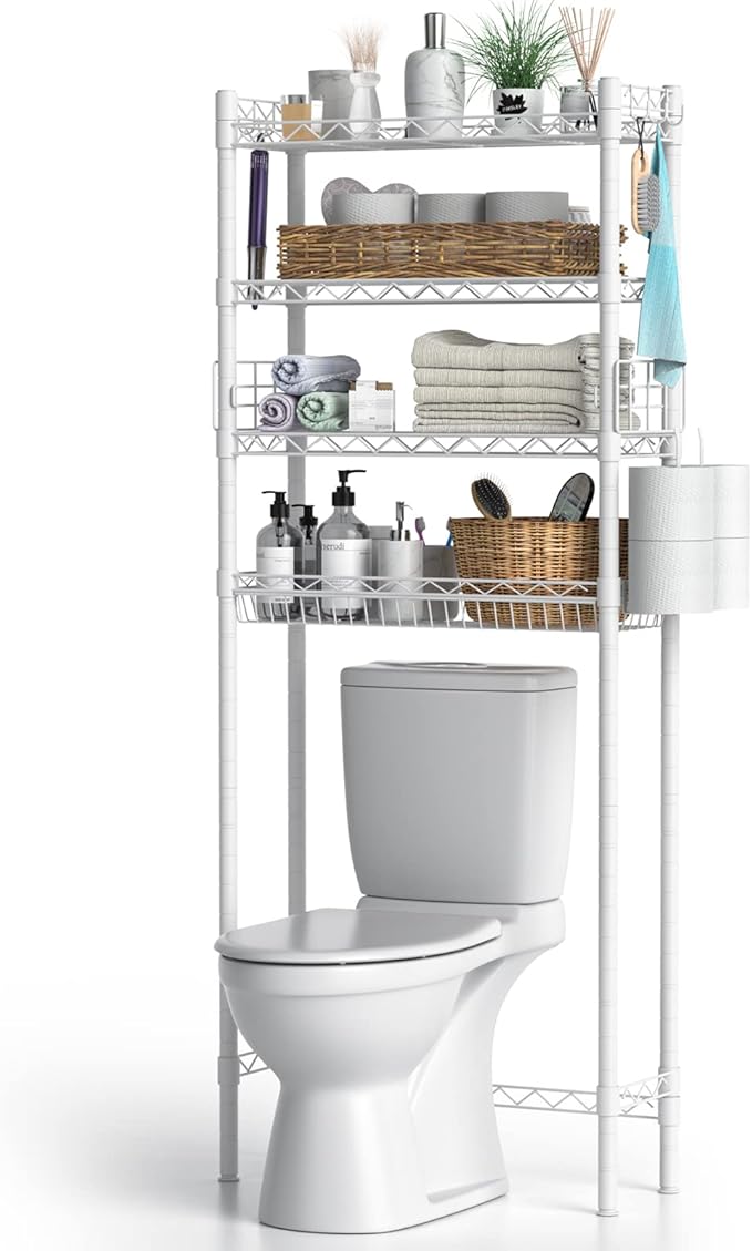 Over The Toilet Storage, Adjustable Bathroom Organizer Shelves Space Saver Over Toilet, Sturdy 4 Tier Above Toilet Storage Rack, Freestanding Over-The-Toilet Storage Shelf, White